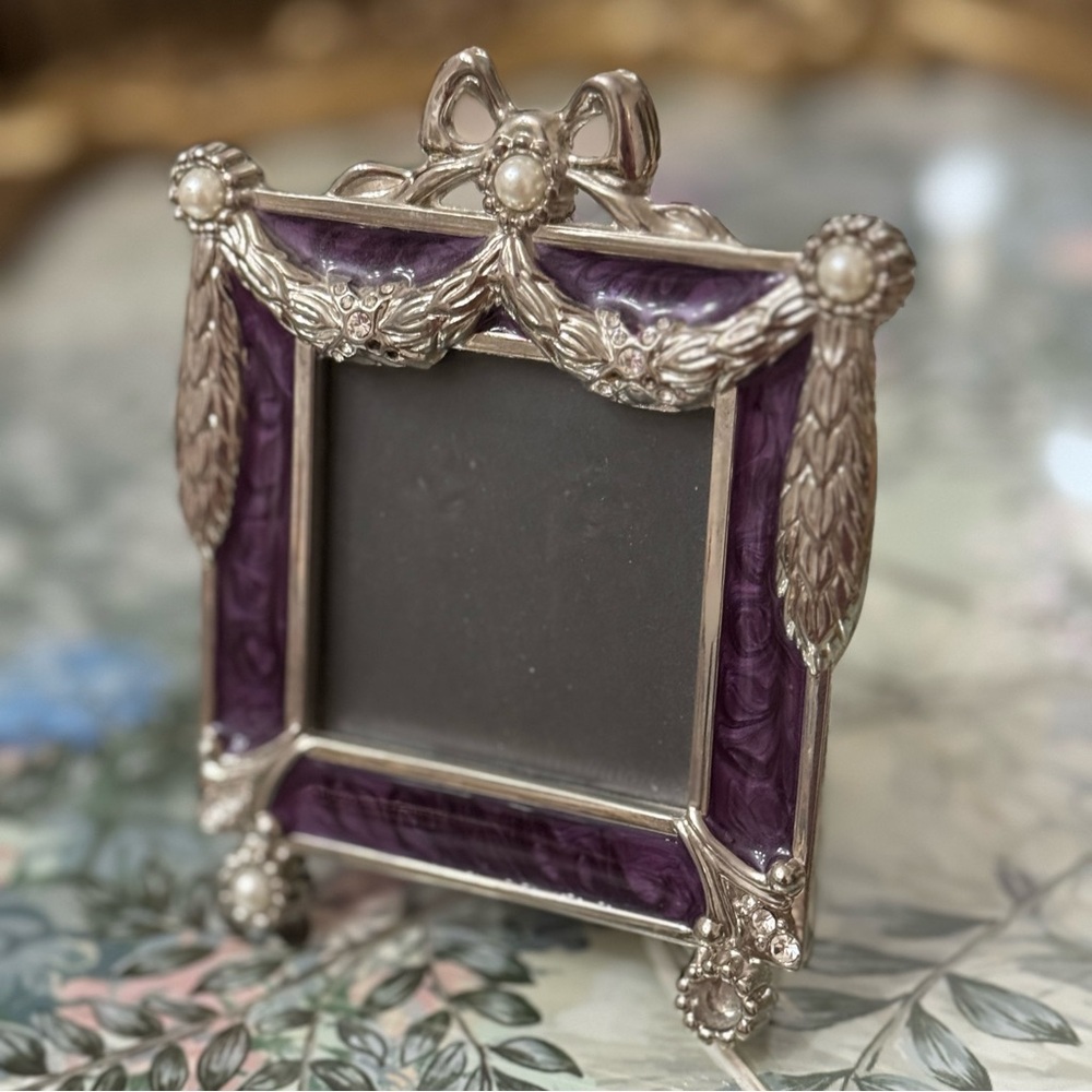 Ornate Jeweled Miniature Purple Enamel Photo Frame Pearl Bow Swag Victorian 2x2